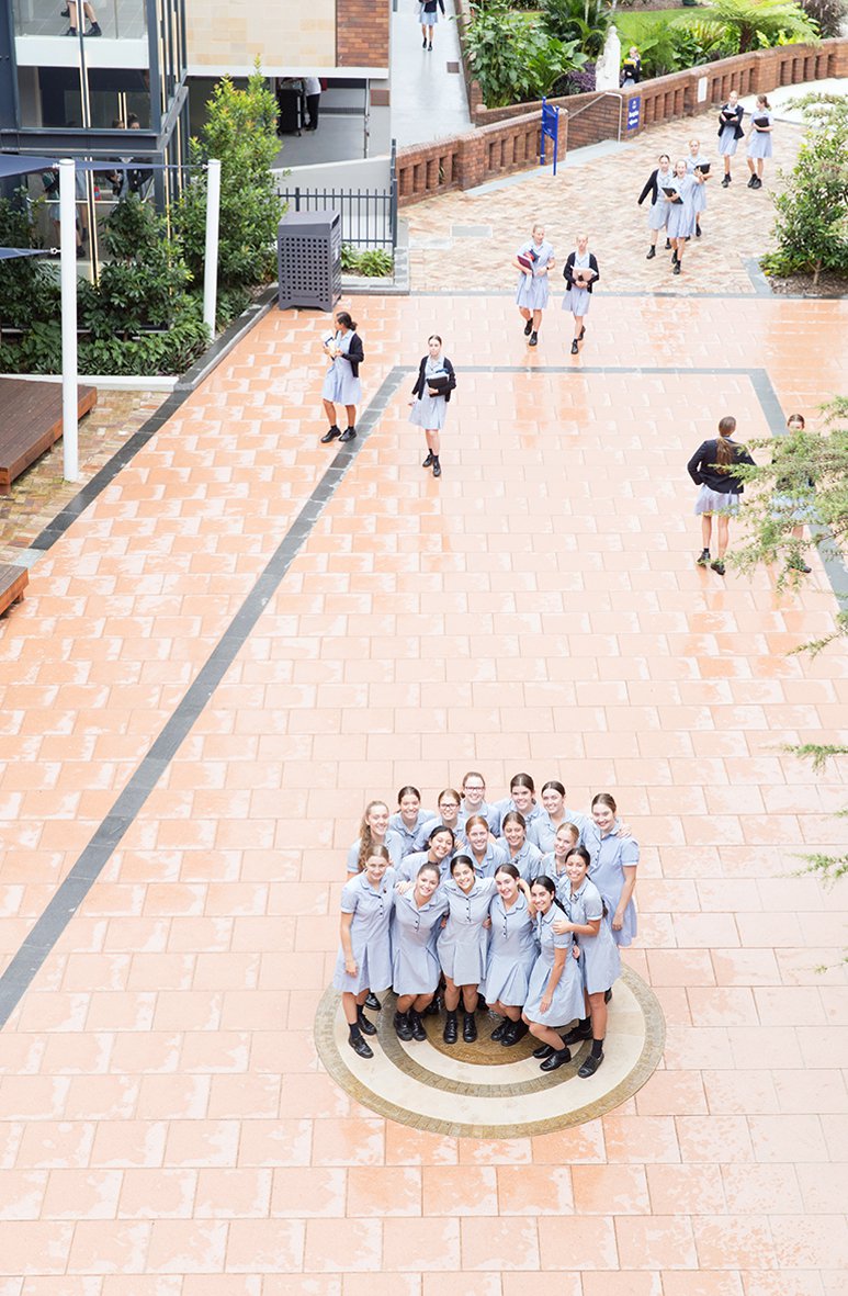 Aerial View of Students Huddled Together on Courtyard