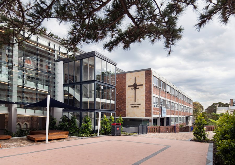 Wide Shot of College Buildings from Across the Courtyard